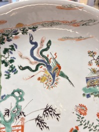 A large Chinese famille verte 'qilin and phoenix' dish, Kangxi