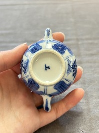 Three Chinese blue and white teapots, a cup and a saucer, Kangxi