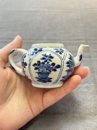 Three Chinese blue and white teapots, a cup and a saucer, Kangxi