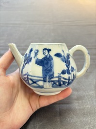 A Chinese famille rose 'Feng Yi Ting 鳳儀亭' teapot and a blue and white teapot with figural design, Yongzheng