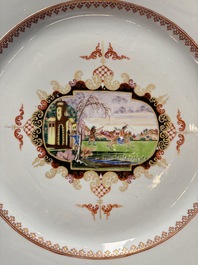 Two large Chinese Meissen-style export dishes with a hunting scene, Qianlong