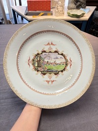 Two large Chinese Meissen-style export dishes with a hunting scene, Qianlong