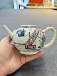 A Chinese famille rose 'Feng Yi Ting 鳳儀亭' teapot and a blue and white teapot with figural design, Yongzheng