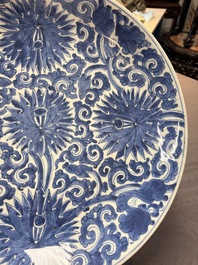A Chinese blue and white 'lotus' dish, lozenge mark, Kangxi