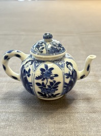 Three Chinese blue and white teapots, a cup and a saucer, Kangxi