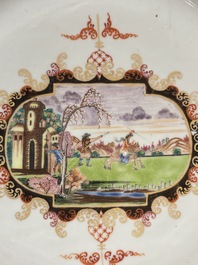 Two large Chinese Meissen-style export dishes with a hunting scene, Qianlong