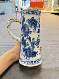 A fine Chinese blue and white tankard with Dutch silver cover, Transitional period