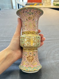A Chinese famille rose 'gu' vase and a robin's egg-glazed tripod double-walled warming bowl, Qianlong mark, 19/20th C.
