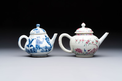 A Chinese famille rose 'Feng Yi Ting 鳳儀亭' teapot and a blue and white teapot with figural design, Yongzheng