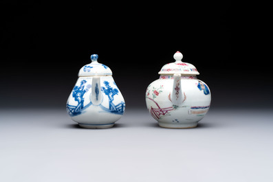 A Chinese famille rose 'Feng Yi Ting 鳳儀亭' teapot and a blue and white teapot with figural design, Yongzheng