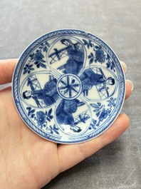 Three Chinese blue and white teapots, a cup and a saucer, Kangxi