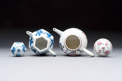 A Chinese famille rose 'Feng Yi Ting 鳳儀亭' teapot and a blue and white teapot with figural design, Yongzheng