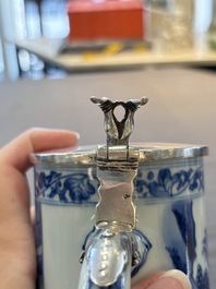 A fine Chinese blue and white tankard with Dutch silver cover, Transitional period