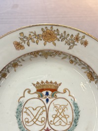 Two Chinese grisaille and famille rose gilt-decorated alliance monogram plates, Qianlong, one dated 1743
