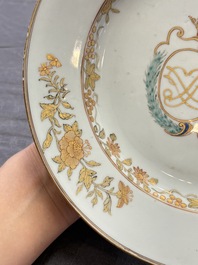 Two Chinese grisaille and famille rose gilt-decorated alliance monogram plates, Qianlong, one dated 1743
