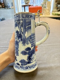 A fine Chinese blue and white tankard with Dutch silver cover, Transitional period