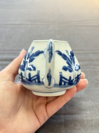 A Chinese famille rose 'Feng Yi Ting 鳳儀亭' teapot and a blue and white teapot with figural design, Yongzheng