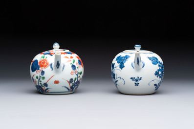 A Chinese verte-Imari teapot and a blue and white teapot with floral design, Kangxi