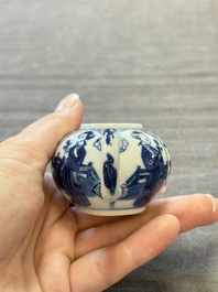 Three Chinese blue and white teapots, a cup and a saucer, Kangxi