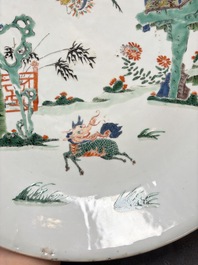 A large Chinese famille verte 'qilin and phoenix' dish, Kangxi