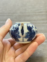 Three Chinese blue and white teapots, a cup and a saucer, Kangxi