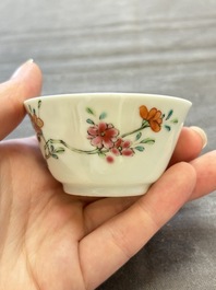 Seven Chinese famille rose cups and eleven saucers with floral design, Qianlong