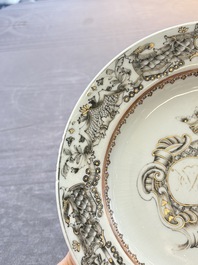Two Chinese grisaille and famille rose gilt-decorated alliance monogram plates, Qianlong, one dated 1743
