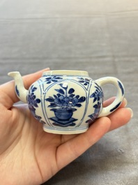 Three Chinese blue and white teapots, a cup and a saucer, Kangxi