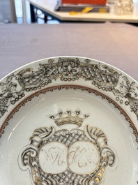 Two Chinese grisaille and famille rose gilt-decorated alliance monogram plates, Qianlong, one dated 1743