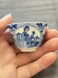 Three Chinese blue and white teapots, a cup and a saucer, Kangxi