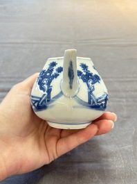 A Chinese famille rose 'Feng Yi Ting 鳳儀亭' teapot and a blue and white teapot with figural design, Yongzheng