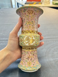 A Chinese famille rose 'gu' vase and a robin's egg-glazed tripod double-walled warming bowl, Qianlong mark, 19/20th C.