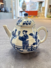 A Chinese famille rose 'Feng Yi Ting 鳳儀亭' teapot and a blue and white teapot with figural design, Yongzheng