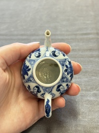 Three Chinese blue and white teapots, a cup and a saucer, Kangxi
