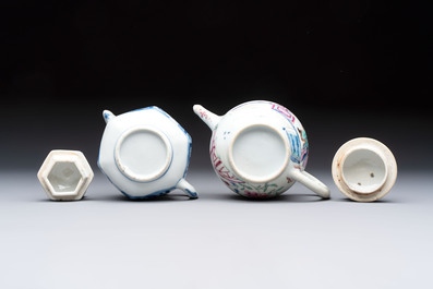 A Chinese famille rose 'Feng Yi Ting 鳳儀亭' teapot and a blue and white teapot with figural design, Yongzheng