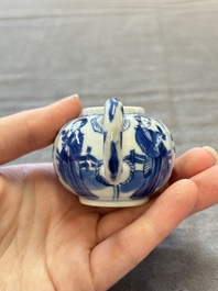 Three Chinese blue and white teapots, a cup and a saucer, Kangxi