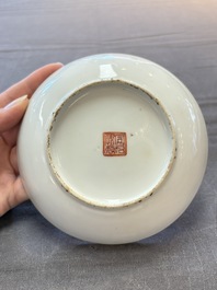 Three Chinese famille rose plates with narrative design, Tongzhi mark and of the period