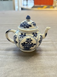 Three Chinese blue and white teapots, a cup and a saucer, Kangxi