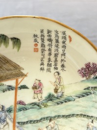 Three Chinese famille rose plates with narrative design, Tongzhi mark and of the period