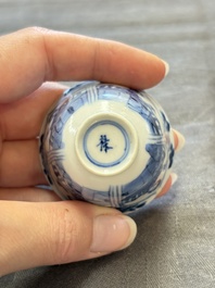 Three Chinese blue and white teapots, a cup and a saucer, Kangxi