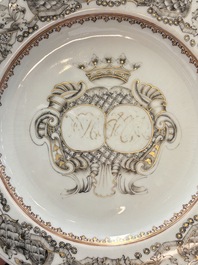 Two Chinese grisaille and famille rose gilt-decorated alliance monogram plates, Qianlong, one dated 1743
