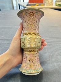 A Chinese famille rose 'gu' vase and a robin's egg-glazed tripod double-walled warming bowl, Qianlong mark, 19/20th C.