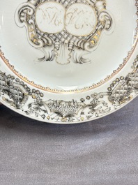 Two Chinese grisaille and famille rose gilt-decorated alliance monogram plates, Qianlong, one dated 1743