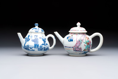 A Chinese famille rose 'Feng Yi Ting 鳳儀亭' teapot and a blue and white teapot with figural design, Yongzheng