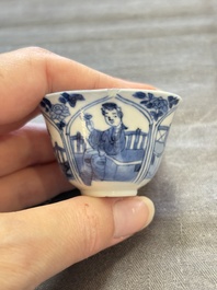 Three Chinese blue and white teapots, a cup and a saucer, Kangxi