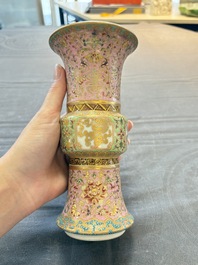 A Chinese famille rose 'gu' vase and a robin's egg-glazed tripod double-walled warming bowl, Qianlong mark, 19/20th C.