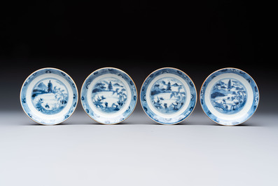 Four Chinese blue and white capucin-ground cups and saucers with landscape design, Yongzheng