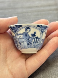 Three Chinese blue and white teapots, a cup and a saucer, Kangxi