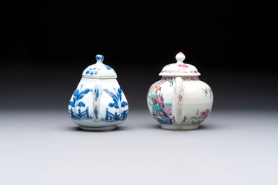 A Chinese famille rose 'Feng Yi Ting 鳳儀亭' teapot and a blue and white teapot with figural design, Yongzheng