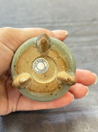 A small Chinese green-glazed 'jun' tripod censer, Hebi kilns, Song/Yuan